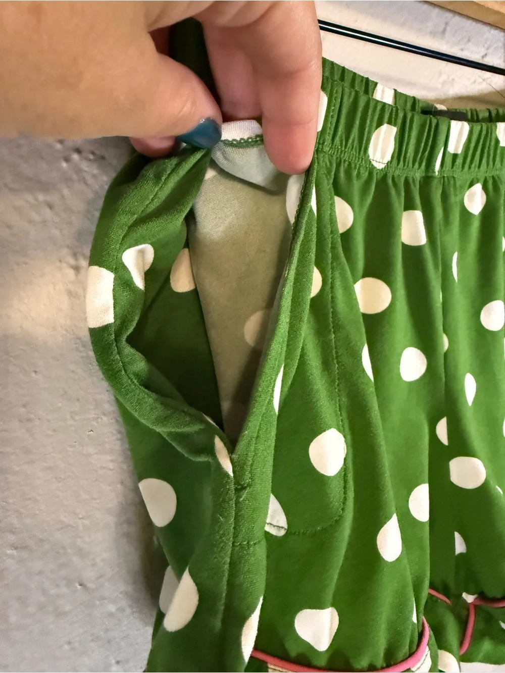 Kate Spade Green & White Polka Dot Short Pajama Set with Pink Trim